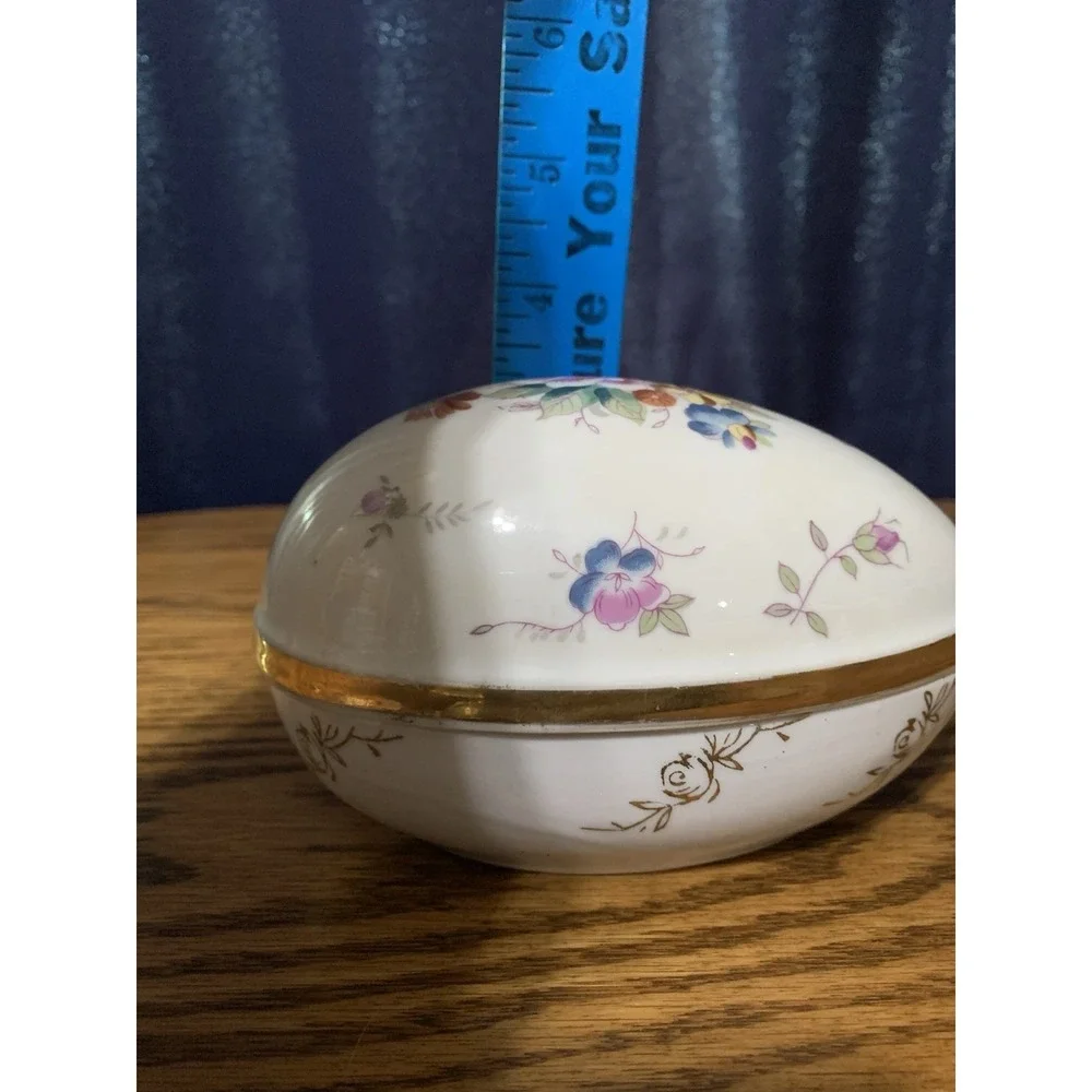 Vintage Egg Shaped Porcelain Trinket Box Japan Easter Floral Vanity